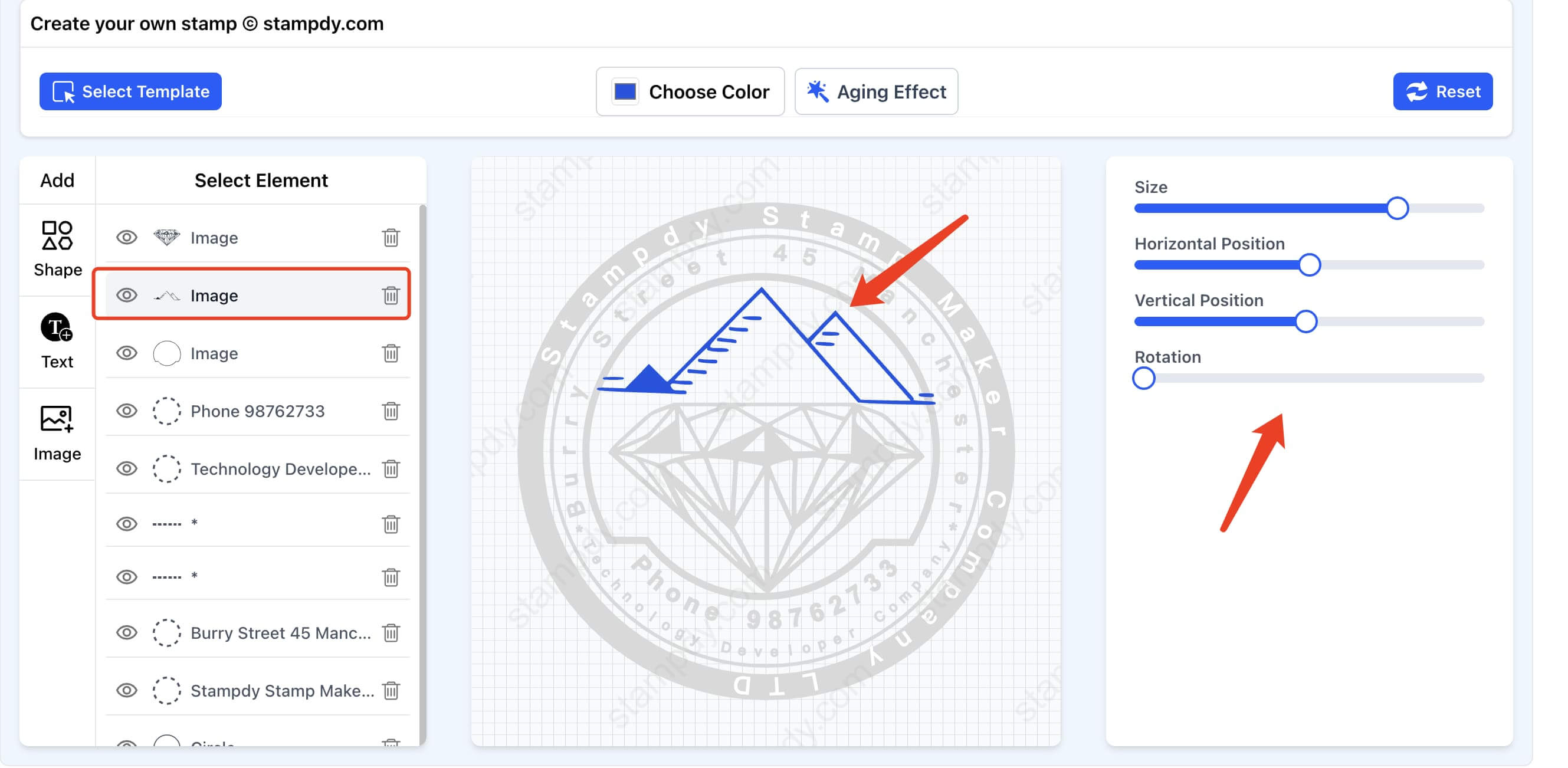 Customization options for stamp layout
