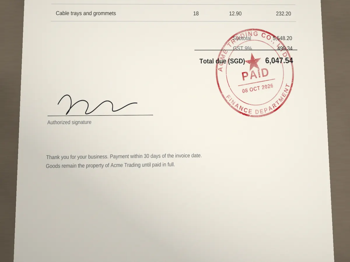A red PAID company stamp blended into a photo of an invoice