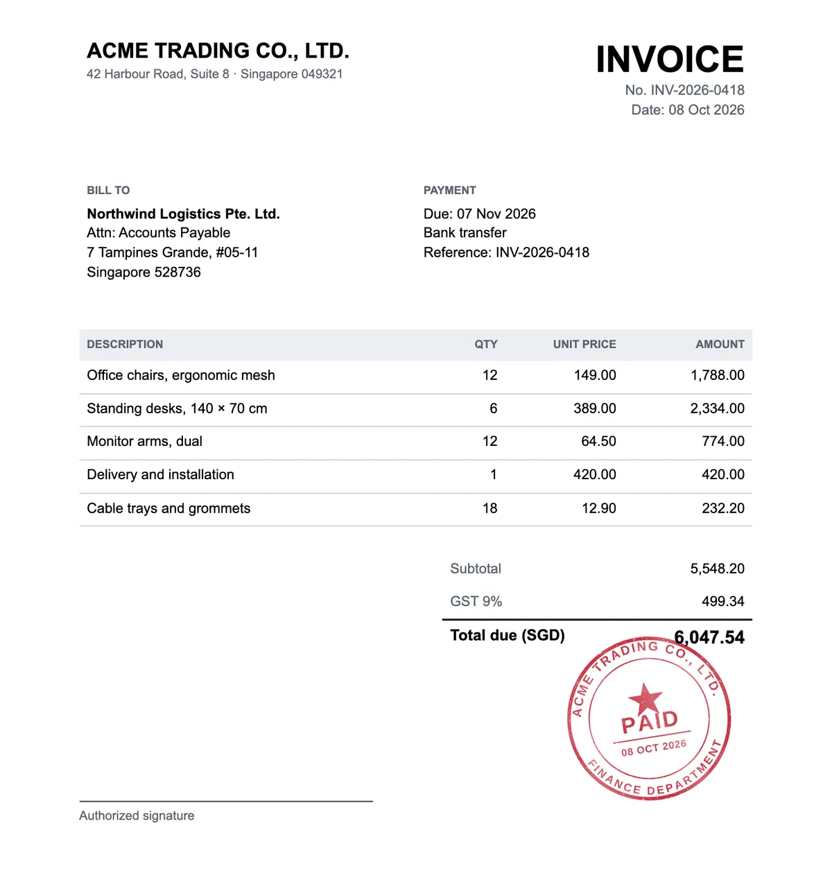 A Word invoice with a red PAID company stamp placed next to the total